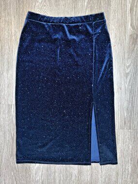 Midnight Blue Shimmer Sparkle Stretch Skirt Front Slit Y2K Glamorous Juniors M